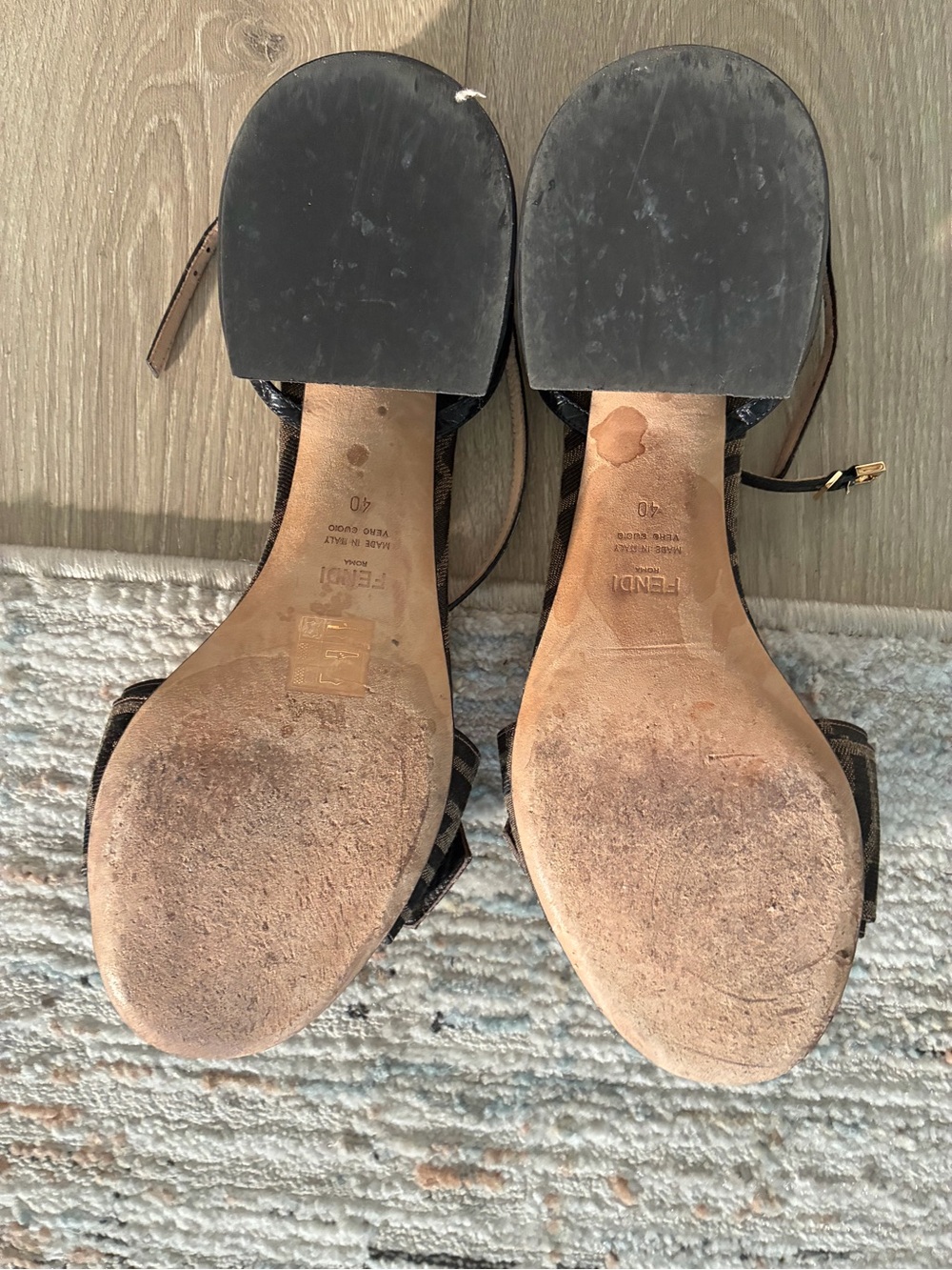 Fendi Black & Brown FF Logo Ankle-Strap Heels with Gold Buckles - Picture 2 of 4